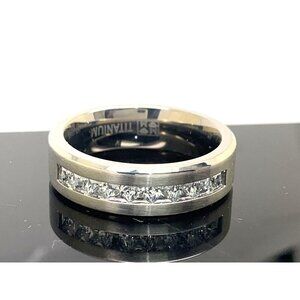 Men's Wedding Band Princess Cut Cubic Zirconia Titanium 7.5mm Wide Size 12.5